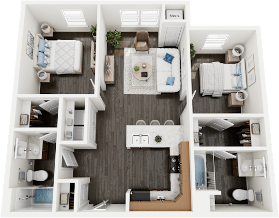 Floor Plan  A top-down view of a small apartment layout with a kitchen, living room, and two bedrooms.
