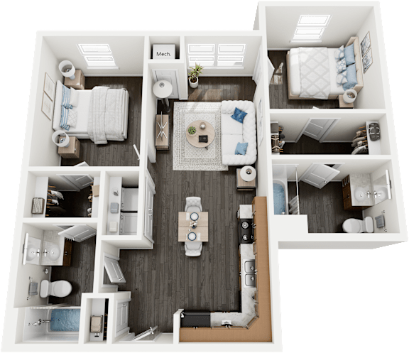 Floor Plan  A detailed 3D floor plan of a modern apartment layout.