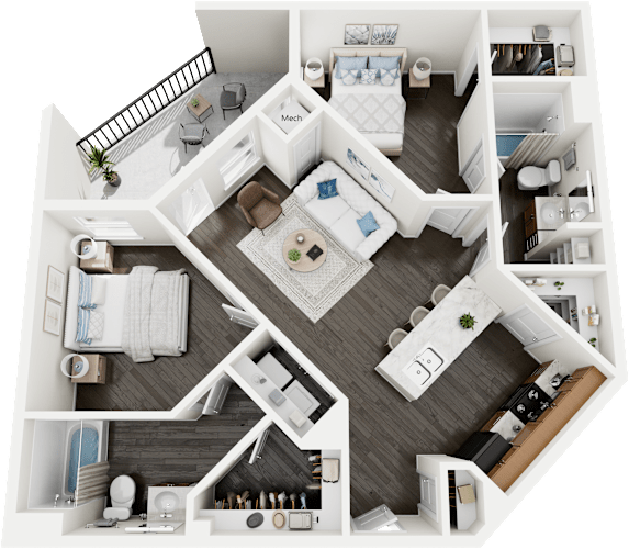 Floor Plan  A 3D floor plan of a small apartment with a kitchen, living room, and two bedrooms.
