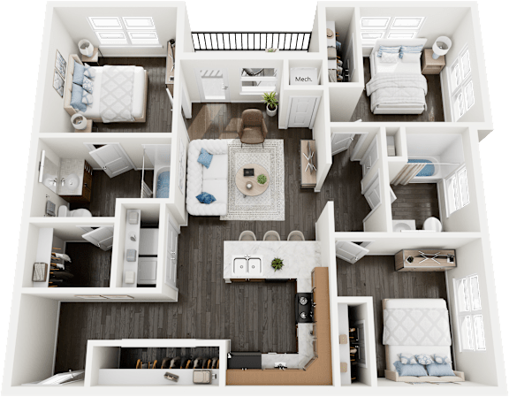 Floor Plan  A 3D floor plan of a house with multiple bedrooms and bathrooms.