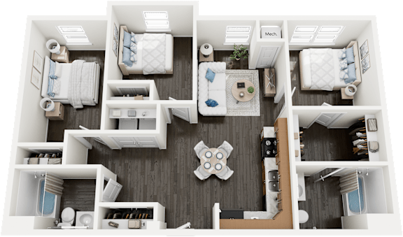 Floor Plan  A 3D floor plan of a small apartment with two bedrooms and a living area.