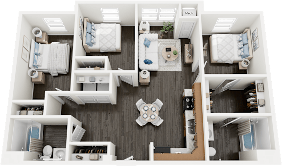 Floor Plan  A 3D floor plan of a house with a kitchen, living room, and two bedrooms.