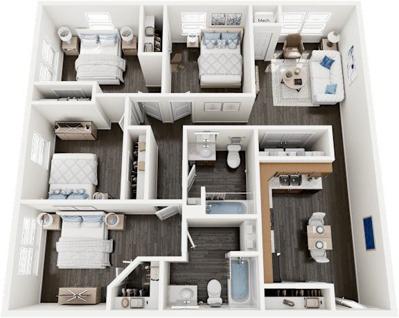 Floor Plan  A detailed layout of a small apartment with a kitchen, living room, and bathroom.