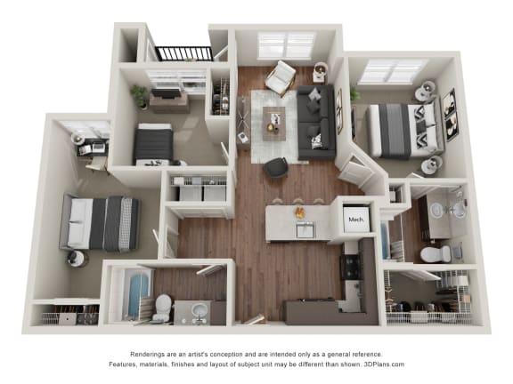 Floor Plan  a 3 bedroom floor plan is shown in this rendering
