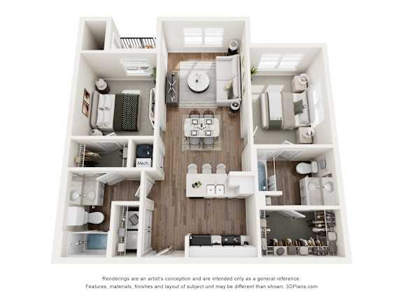 Floor Plan  A 3D floor plan of a house with a kitchen, living room, and bathrooms.
