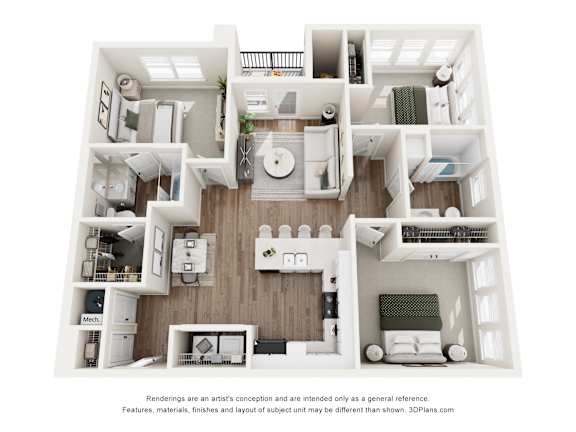 Floor Plan  A 3D floor plan of a house with multiple rooms.