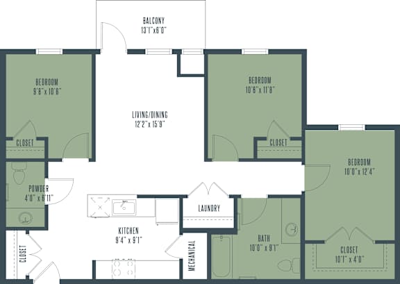 Floor Plan  A floor plan of a house with a balcony, living room, kitchen, laundry, and four bedrooms.