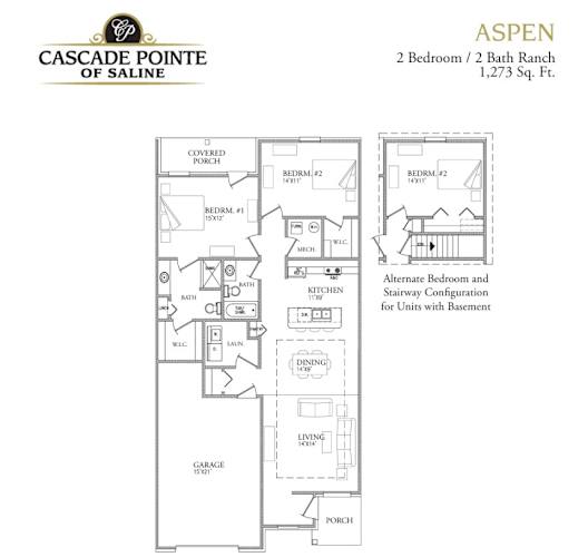 Floor Plan  A drawing of a two bedroom, two bath ranch house plan.