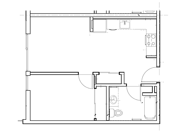 Floor Plan  A black and white floor plan of a house with a kitchen, living room, and bathroom.