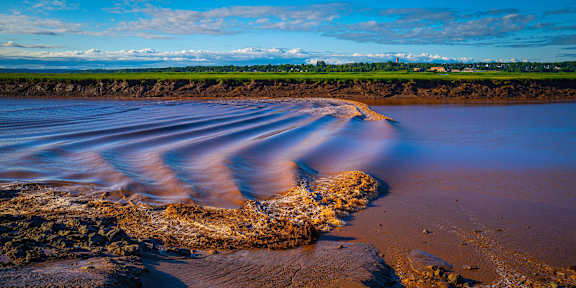 A long exposure shot of a beach with a blurred effect on the water.
