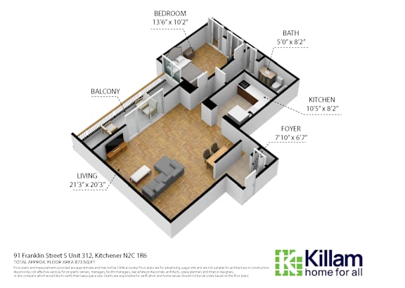 Floor Plan  A floor plan of a home with labeled rooms including a bedroom, bathroom, kitchen, living room, and balcony.