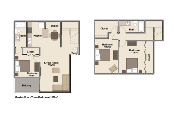 Floor Plan  3 Bedroom 2 Bath Floor Plan at Garden Court, Colorado