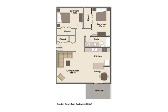 Floor Plan  2 Bedroom 2 Bath Floor Plan at Garden Court, Denver