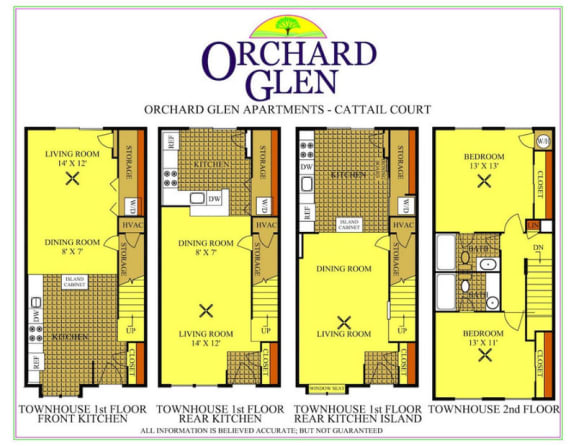 Floor Plan  floor plan, 2-bedroom, 2 bathroom, 1st-level lower level, ground level main floor, townhouse 2-floor two-floor apartment with kitchen living room bedrooms bathrooms orchard glen apartments