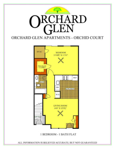 Floor Plan  floor plan, 1-bedroom, 1 bathroom, 1st-level lower level, ground level one bedroom flat apartment with kitchen living room bedroom bathroom orchard glen apartments