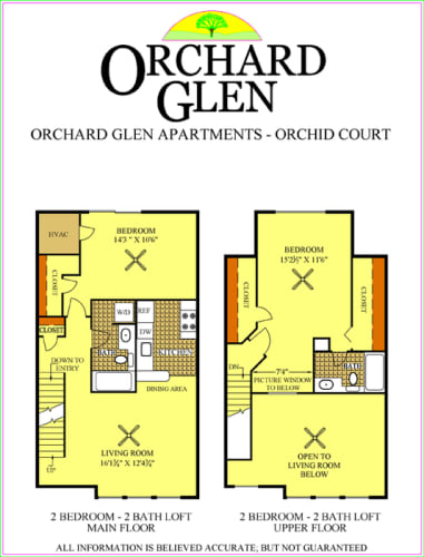 Floor Plan  floor plan, 2-bedroom, 2 bathroom, 2nd-level upper level, stairs to main floor, loft apartment with kitchen living room bedrooms bathrooms orchard glen apartments