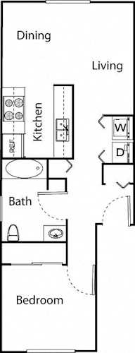 Floor Plan  A floor plan of a living space showing a kitchen, dining area, and bedroom.