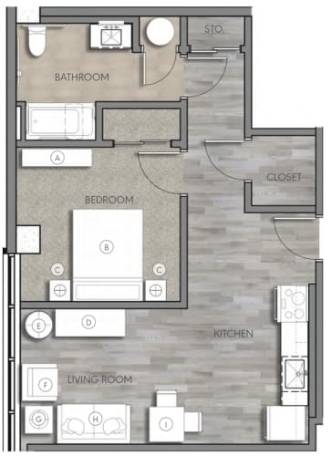 Floor Plan  a floor plan of a room with a bedroom and a living room