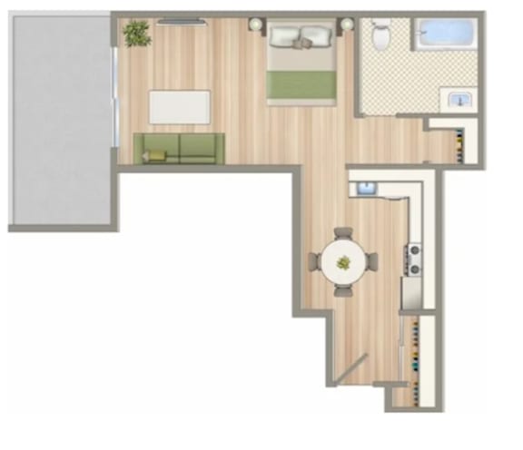 Floor Plan  A floor plan of a house with a kitchen, living room, and two bedrooms.