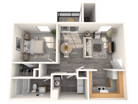 Floor Plan  A 3D rendered image of a modern house interior.