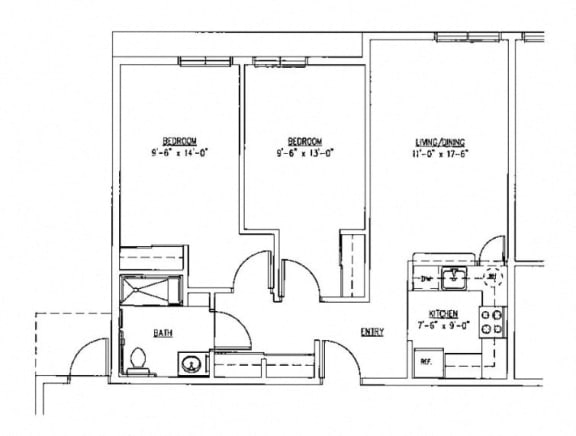 Floor Plan  Fawcett Apartments 2 bedroom 1 bathroom floor plan
