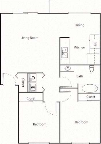 Floor Plan  A floor plan of a small apartment with a living room, kitchen, two bedrooms and two closets.