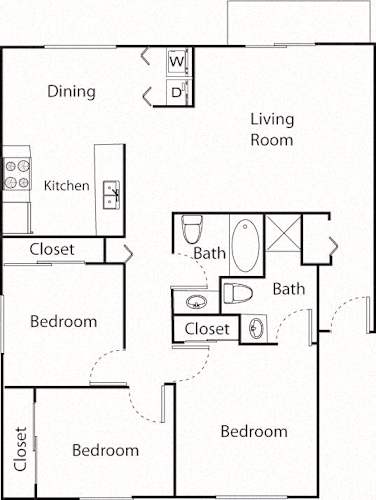 Floor Plan  A floor plan of a house with a living room, dining room, kitchen, and four bedrooms.