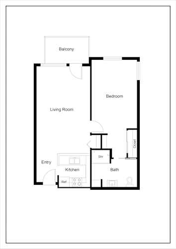 Floor Plan  A floor plan of a house with a living room, kitchen, bathroom, bedroom and balcony.