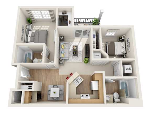 Floor Plan  A 3D floor plan of a house with labeled rooms.