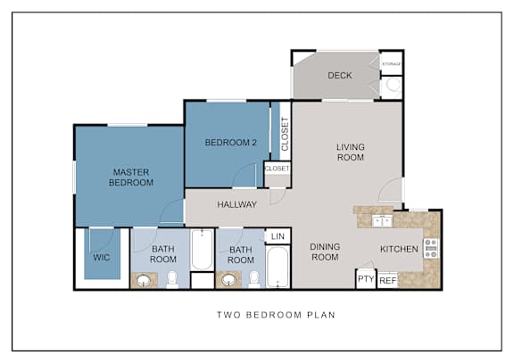 Floor Plan  A diagram of a two bedroom apartment layout.