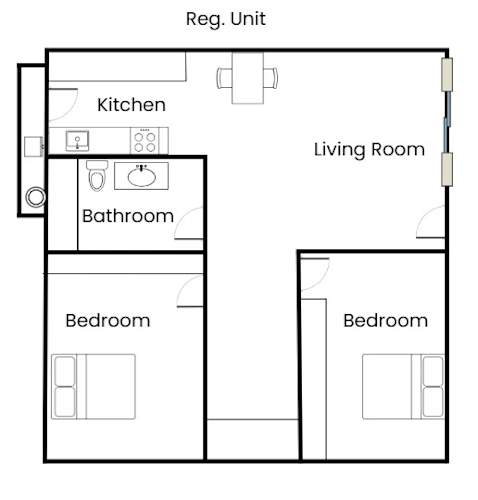 Floor Plan  A floor plan of a residential unit showing a kitchen, living room, two bathrooms, and two bedrooms.