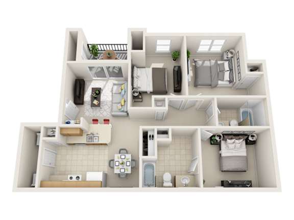 Floor Plan  Reserve at South Creek Apartments Skyline 3 Bedroom 2 Bathroom Floorplan