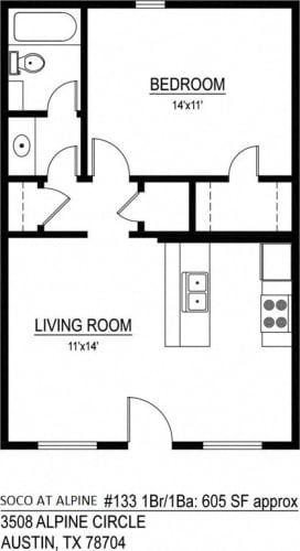 Floor Plan  Soco at Alpine 1 bedroom 1 bathroom floor plan