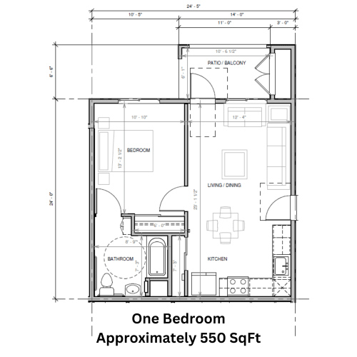 Floor Plan  a floor plan of a one bedroom apartment with balcony
