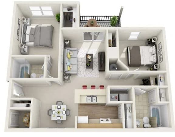 Floor Plan  A 3D floor plan of a small apartment with a kitchen, living room, and bedroom.