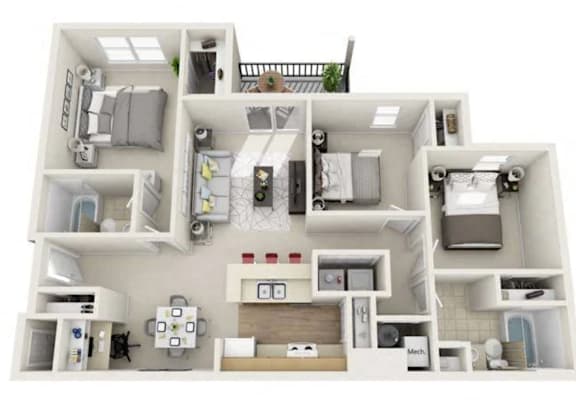 Floor Plan  A 3D floor plan of a house with multiple rooms and furniture.
