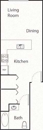 Floor Plan  A floor plan of a living room, kitchen, and bath.