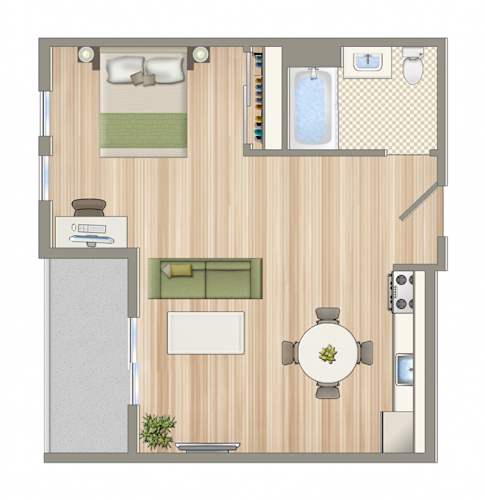 Floor Plan  A floor plan of a small apartment with a kitchen, living room, and bathroom.