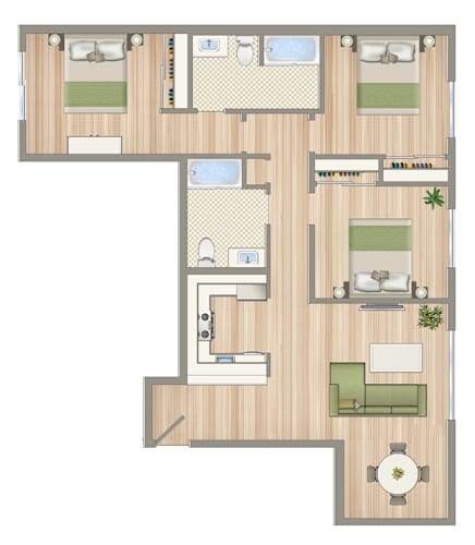 Floor Plan  A floor plan of a house with a kitchen, living room, and two bedrooms.