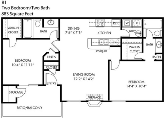 Floor Plan  Trails of Walnut Creek 2 Bedroom 2 Bathroom B-1 Floorplan