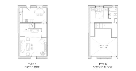Floor Plan  Two floor plans for a Type B apartment are shown, one for the first floor and one for the second floor.