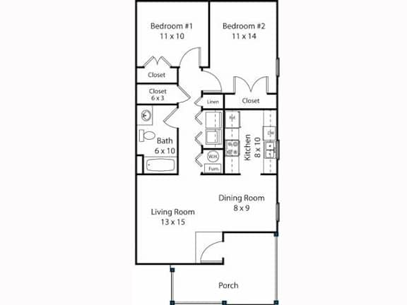 Floor Plan  A floor plan of a house with two bedrooms, a living room, a dining room, a kitchen, a bathroom, a porch, and closets.