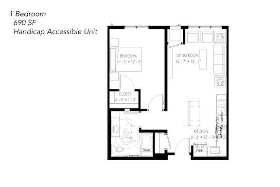 Floor Plan  A floor plan of a handicap accessible unit with a bedroom, living room, kitchen, and bathroom.