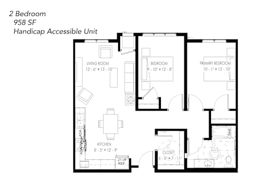 Floor Plan  A floor plan of a 2 bedroom, 958 square foot handicap accessible unit.