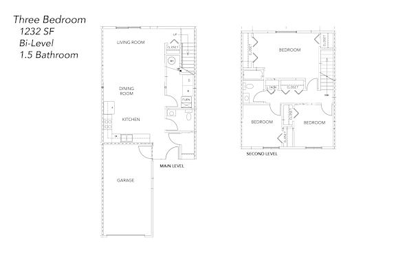 Floor Plan  A floor plan of a three bedroom, 1232 square foot bi-level home with a 1.5 bathroom.
