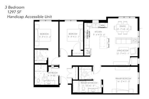 Floor Plan  A floor plan of a 3 bedroom, 1297 square foot handicap accessible unit.