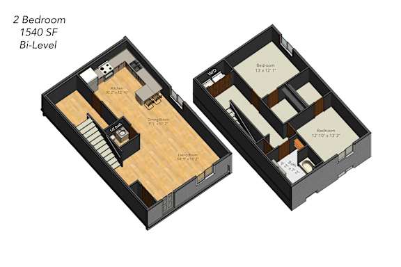 Floor Plan  A 2 Bedroom, 1540 SF, Bi-Level apartment layout.