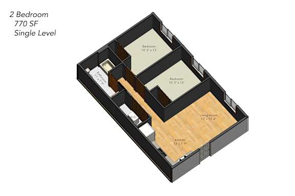 Floor Plan  A 2 Bedroom, 770 SF, Single Level house plan.