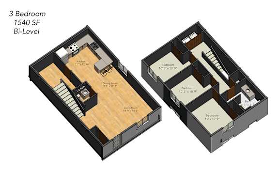 Floor Plan  A 3 bedroom, 1540 square foot bi-level house plan.