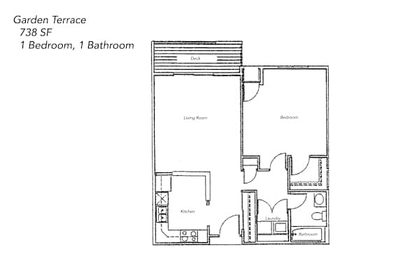 Floor Plan  A floor plan of a Garden Terrace apartment with 738 square feet, featuring one bedroom and one bathroom.